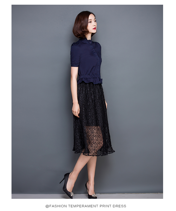 ชุดเดรสตัวเสื้อผ้ายีนส์ กระโปรงผ้าลูกไม้สีดำ ส่งฟรี ems