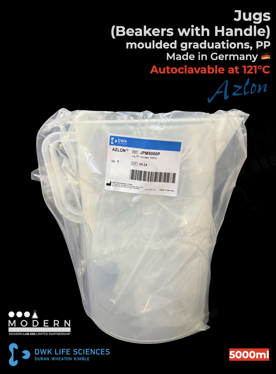 บีกเกอร์มีหูจับ พลาสติก PP แบบสเกลตัวนูน / Jug, moulded graduations, PP, "AZLON"