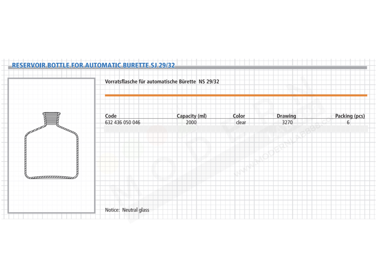 Bottle for Automatic Burette, Clear, 29/32, 2000 ml.