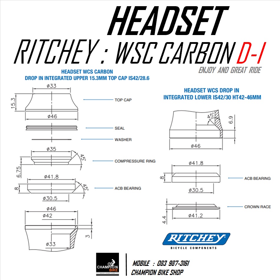 ลูกปืนคอฝัง คาร์บอน DROP IN 1-1/8" นิ้ว RITCHEY : WCS CARBON DROP IN 1-1/8" HEADSET