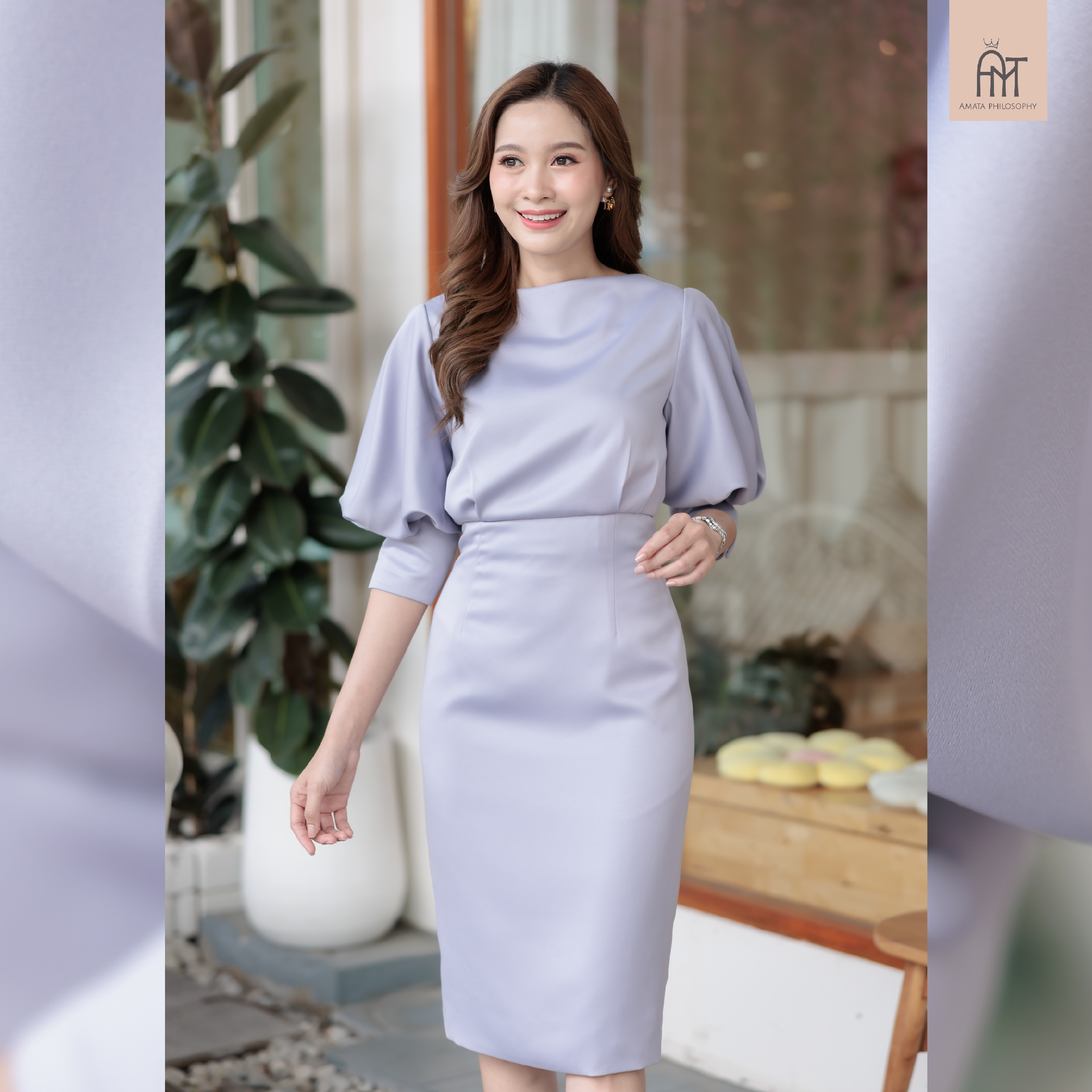 AMATA เดรสแขนพอง สีม่วง