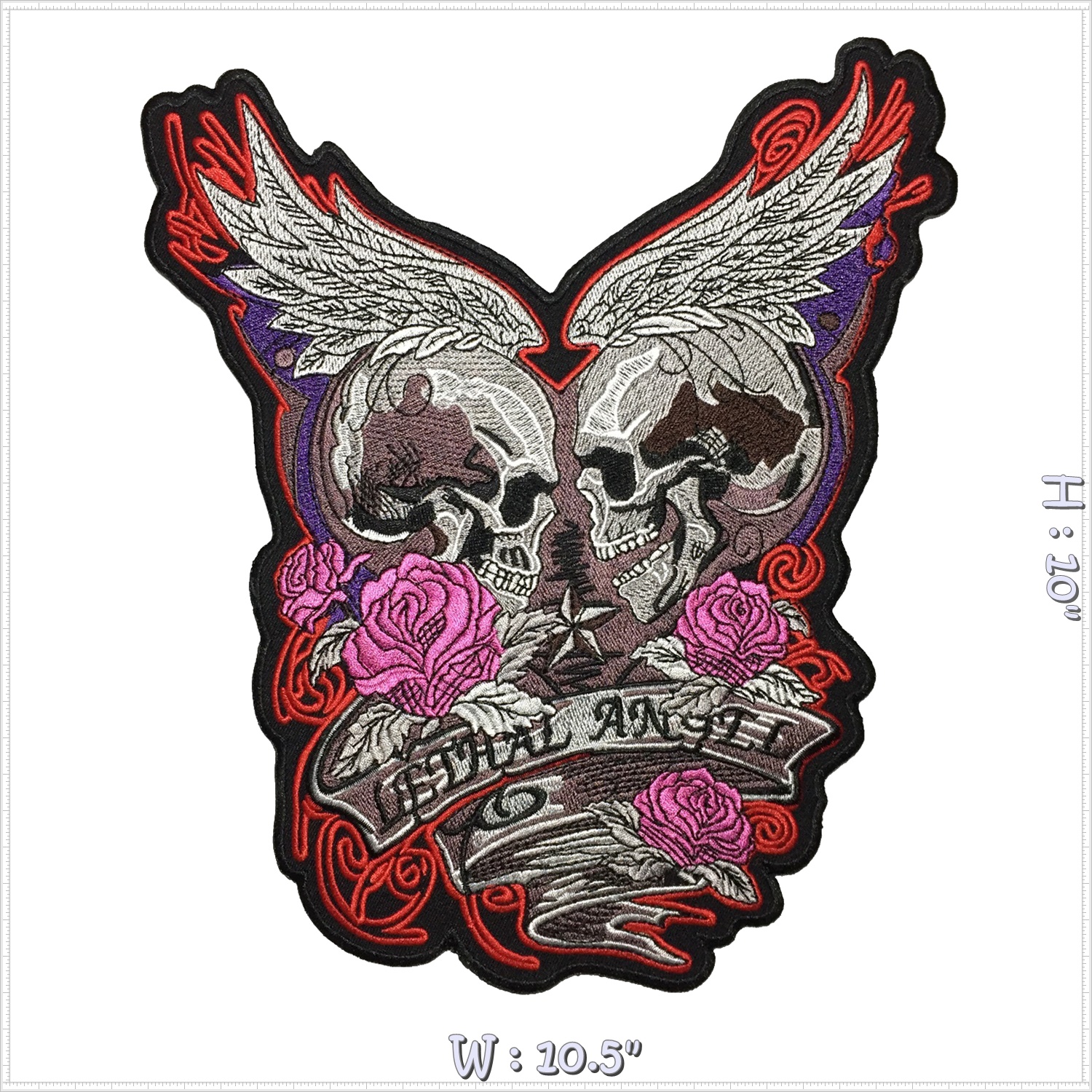 กะโหลก กุหลาบ ปีกนางฟ้า ไบค์เกอร์ มอเตอร์ไซค์ ตัวรีดติดเสื้อ อาร์มรีด อาร์มปัก ตกแต่งเสื้อผ้า หมวก กระเป๋า แจ๊คเก็ตยีนส์ Embroidered Iron on Patch ไซส์ใหญ่