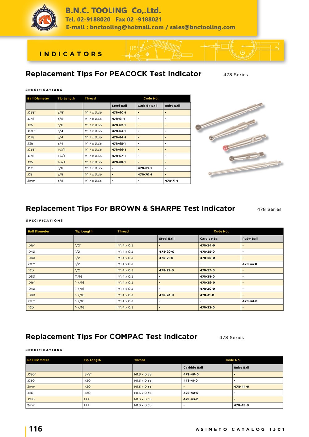 ASIMETO,P116,Replacement Tips For PEACOCK Test Indicator,478-60-1