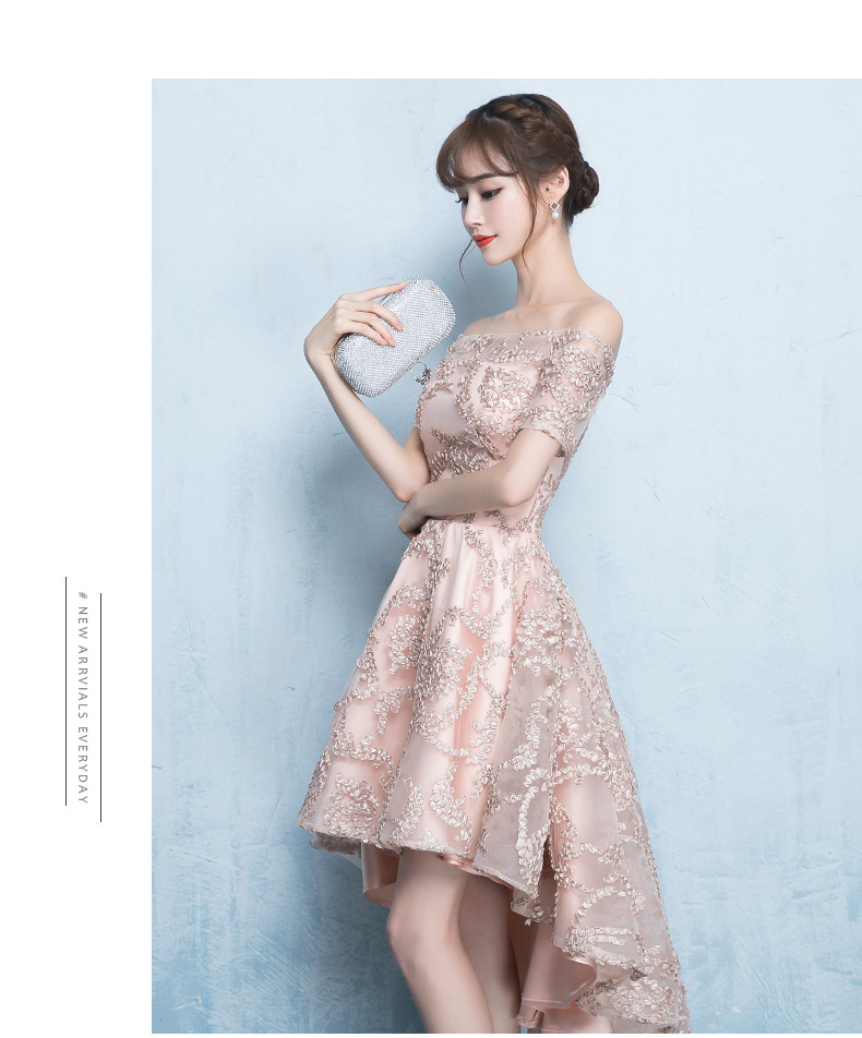 ชุดเดรสออกงานสีโกลด์แชมเปญ ดีไซน์เปิดไหล่ ปิดต้นแขน กระโปรงหน้าสั้นหลังยาว ส่งฟรี