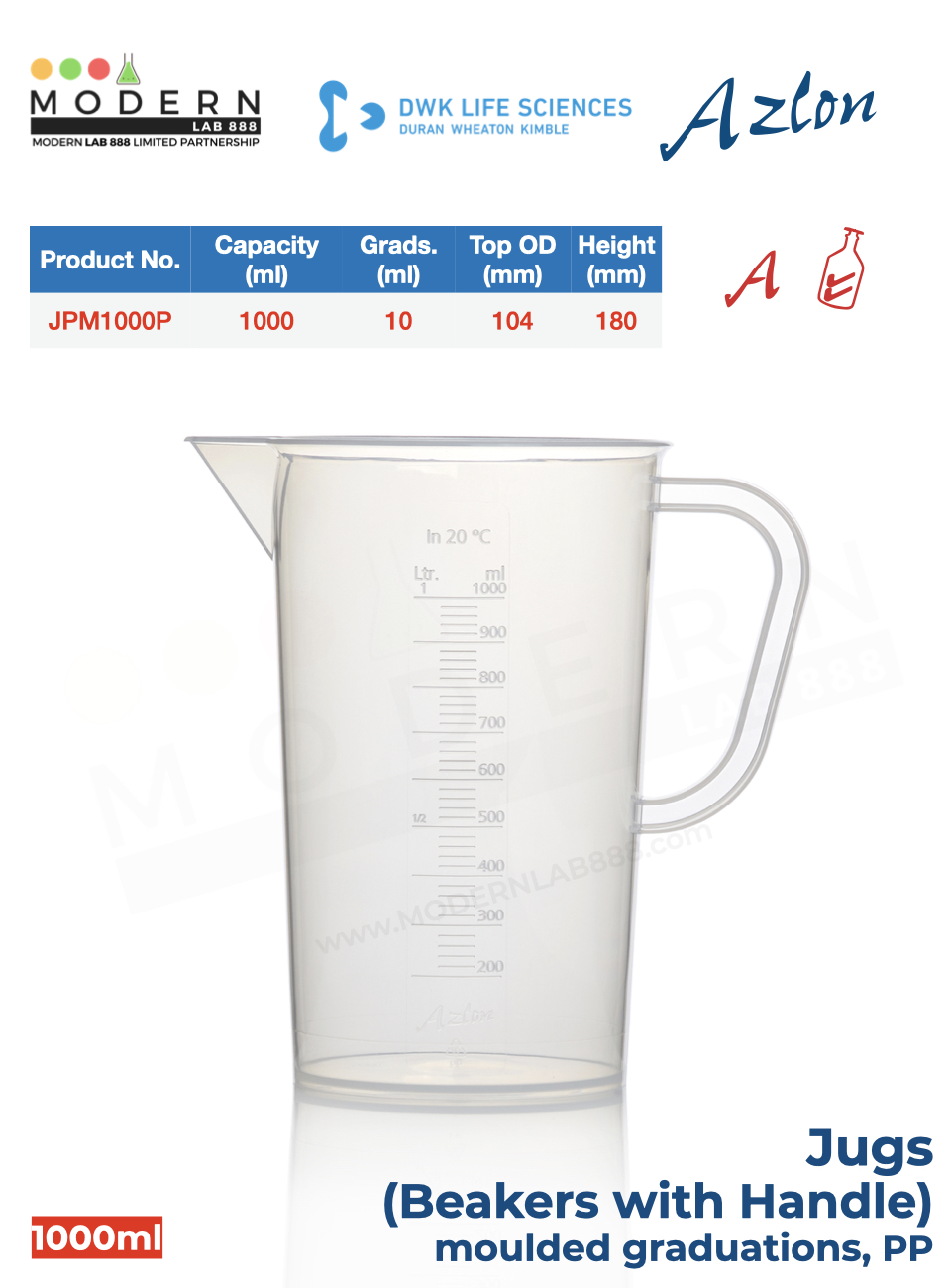 บีกเกอร์มีหูจับ พลาสติก PP แบบสเกลตัวนูน / Jug, moulded graduations, PP, "AZLON"