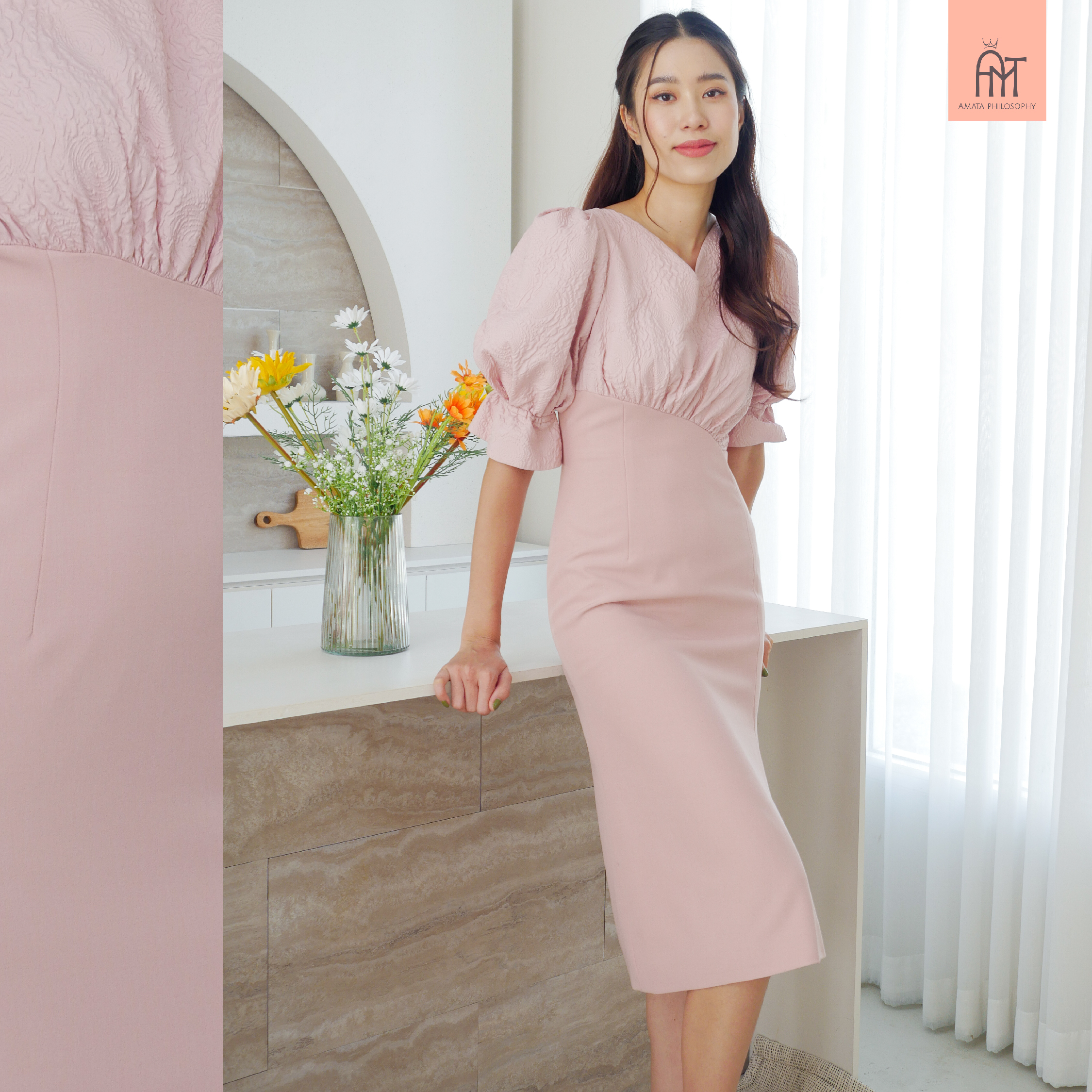 AMATA เดรส MELBOURNE สีชมพู สีเทา