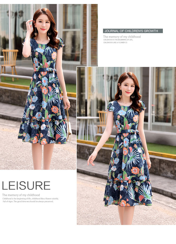 ชุดเดรสใส่ทำงาน ผ้าโพลีเอสเตอร์ผสมเนื้อดี พื้นสีน้ำเงิน พิมพ์ลายดอกไม้ ส่งฟรี ems