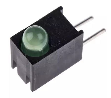 Dialight LED Circuit Board Indicator Single Green Diffused, Tinted 1.9V 2mA Round with Domed Top, 3mm (T-1) Through Hole, Right Angle