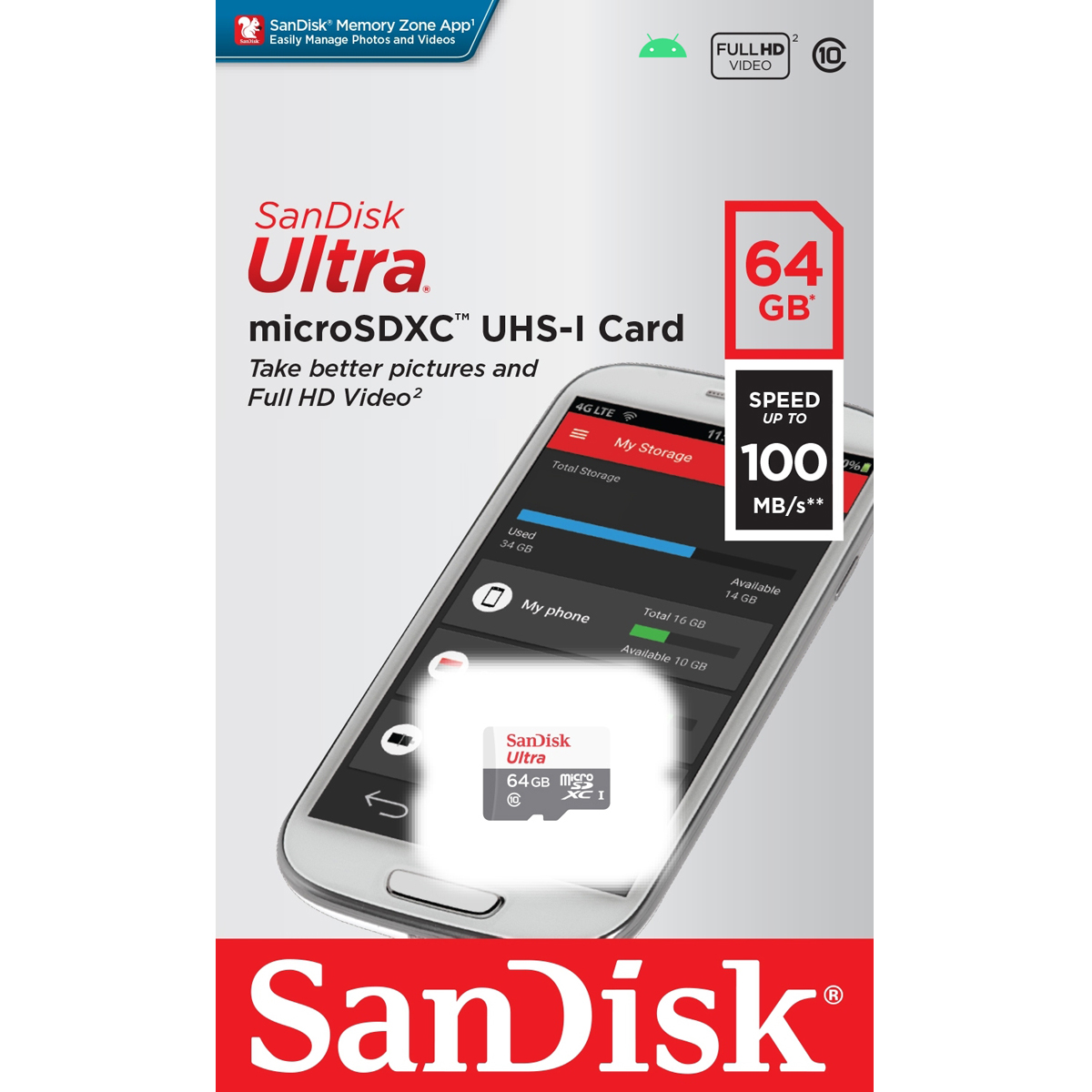 SanDisk MicroSD Card 64Gb Class10 Speed 100mb/s 533x TFCARD ใส่โทรศัพท์ กล้องติดรถยนต์ กล้องวงจรปิด ประกัน Synnex 7ปี SDSQUNR_064G_GN3MN