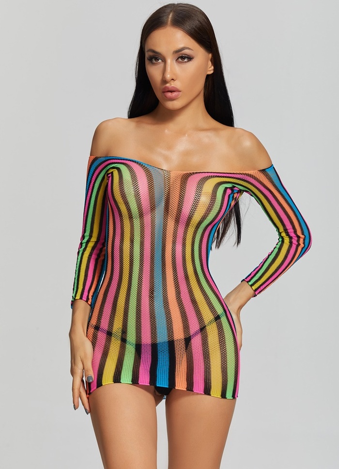 K173 ชุดตาข่ายสายรุ้งเซ็กซี่ ชุดตาข่ายสีสายรุ้งมาในแบบเดรสแขนยาวกระโปรงสั้น สวมใส่แบบปาดไหล่หรือจะใส่แบบเสื้อคอกว้างก็ได้ค่ะ