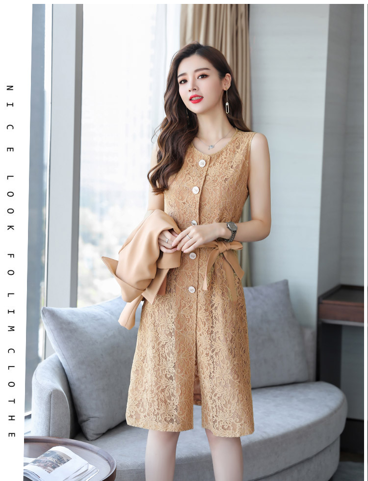 ชุดเซ็ทเดรสและเสื้อสูทสีน้ำตาลอ่อน ส่งฟรี ems