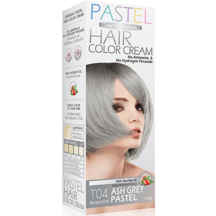 CAREBEAU PASTEL HAIR COLOR CREAM #T04 Ash Grey Pastel 100 G. ครีมเปลี่ยนสีผมแคร์บิว พาสเทล 100 g. ไม่มีแอมโมเนีย และ ไฮโดรเจน เปอร์ออกไซด์ T04 - สีเทาพาสเทล