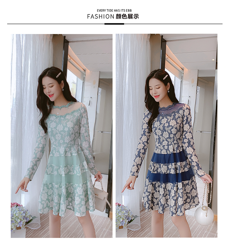 ชุดเดรสสีน้ำเงิน ผ้าลูกไม้เนื้อดี พื้นสีน้ำเงิน ทอลายดอกไม้สีครีม แขนยาว ส่งฟรี