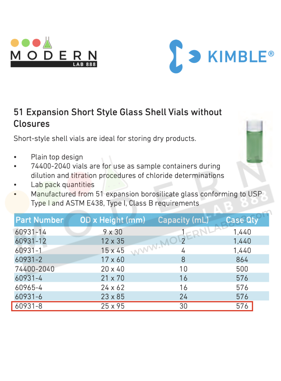 8 Drams, 30mL Short Style Glass Shell Vials without Closures - 576ขวด/กล่อง