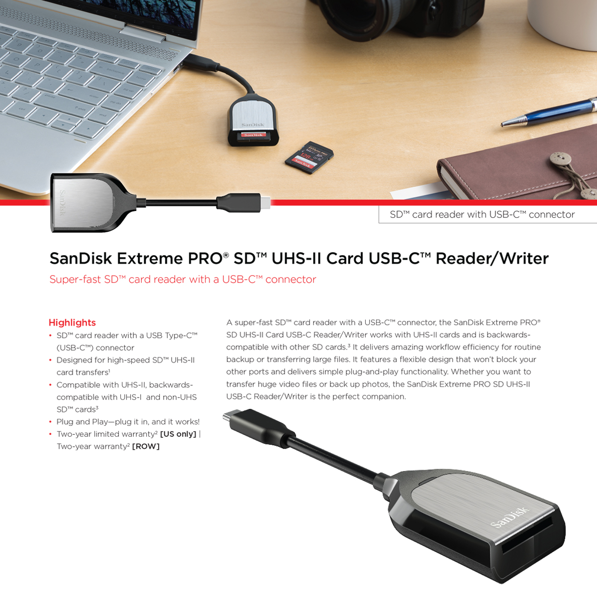 SanDisk อุปกรณ์อ่าน Extreme PRO SD Card USB-C Card Reader SDCARD การ์ด รีดเดอร์ SDDR_409_G46 ตัวอ่านการ์ดรีดเดอร์ SD CARD การ์ด UHS-II, UHS-I และ non-UHS SD อุปกรณ์ Mac และ PC ที่มีพอร์ต USB-C