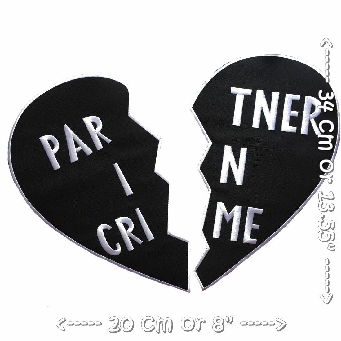 Set หัวใจ 2 ชิ้น Partner in Crime ตัวรีดติดเสื้อ อาร์มรีด ตกแต่งเสื้อผ้า เสื้อคู่รัก เสื้อพ่อ แม่ ลูก แจ็คเก็ตยีนส์ Embroidered Iron on Patch ขนาดใหญ่