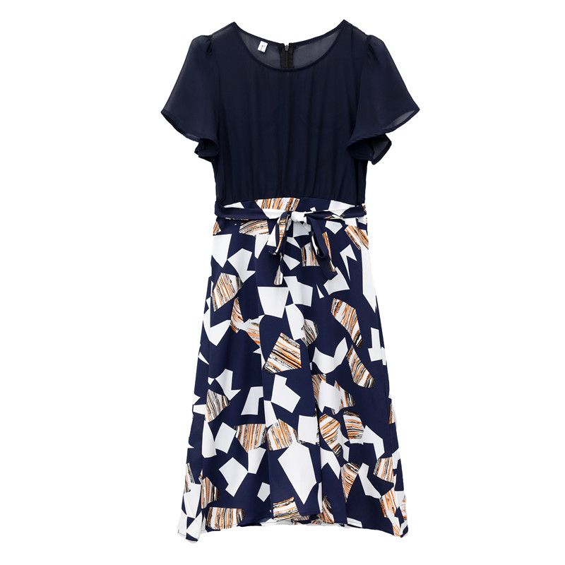 ชุดเดรสสีกรมท่า ชุดเดรสใส่ทำงาน ตัวเสื้อผ้าชีฟองสีกรมท่า เย็บต่อกับกระโปรงผ้าชีฟองพิมพ์ลายตามแบบ ส่งฟรี ems