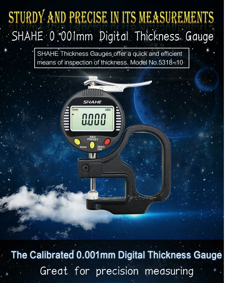 เกจวัดความหนาSHAHE 5318-10, 0-10mm SHAHE Digital Thickness Gauge 0.001mm Micron, Thickness Gauge Glass/Leather Thickness Gauge,