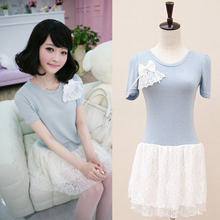 มินิเดรสสีฟ้า กระโปรงผ้าลูกไม้สีขาว ส่งฟรีทุกชุด