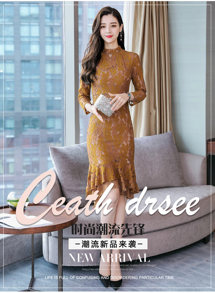 ชุดเดรสผ้าลูกไม้เนื้อดีแขนยาว โทนสีน้ำตาลอ่อน ทรง fish tail ส่งฟรี ems