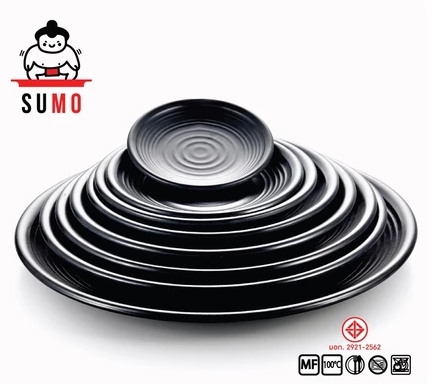 SUMO จานกลมมีลอนญี่ปุ่น ดีไซน์สไตล์ญี่ปุ่นดั้งเดิม เมลามีนดำด้าน 6-11.5 นิ้ว รุ่น JP806
