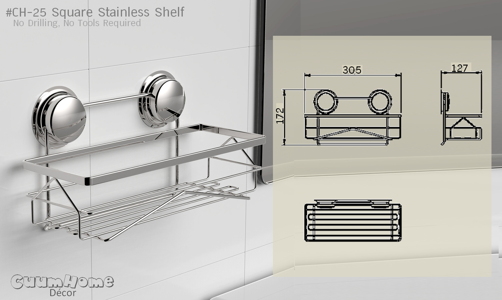 CH-25 ชั้นวางสแตนเลส สี่เหลี่ยม ไม่ต้องเจาะผนัง - Square Stainless Shelf
