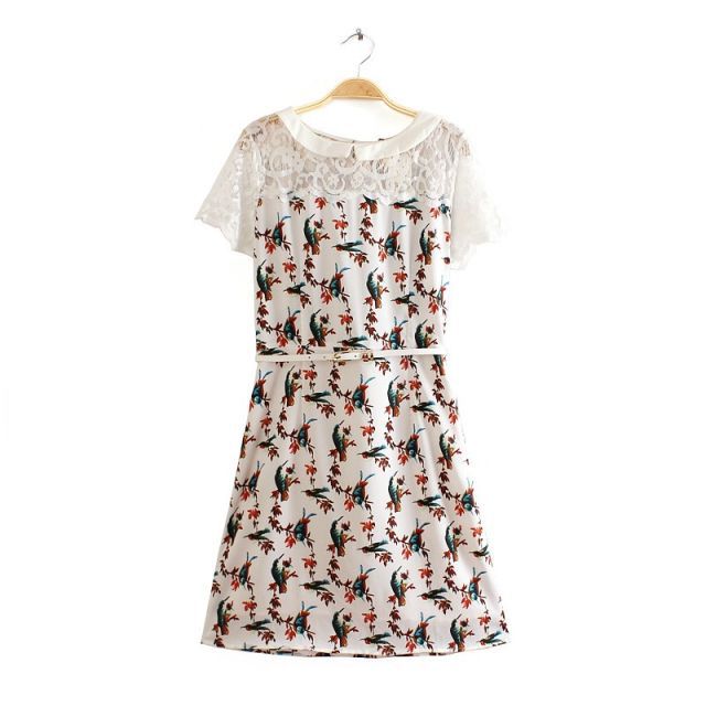 ชุดเดรสผ้าชีฟองเนื้อทรายพื้นขาวลายนกน้อย ส่งฟรี ems