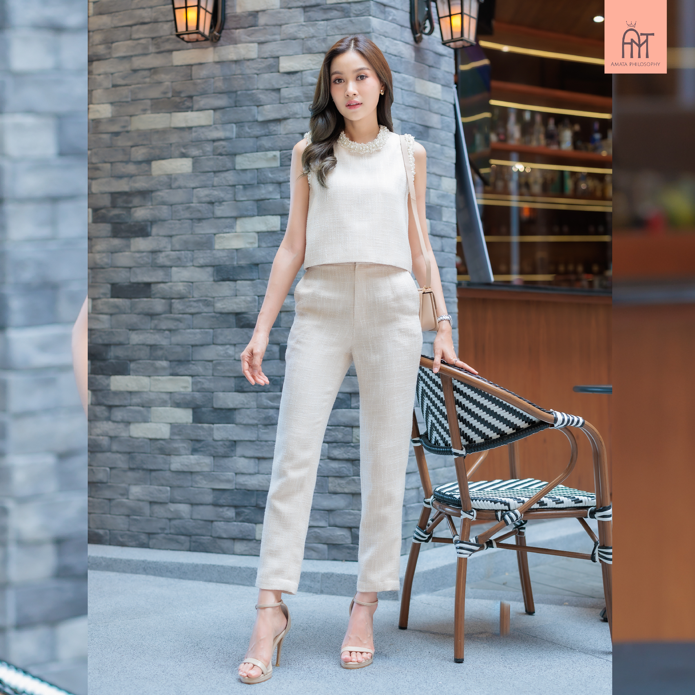 AMATA กางเกง OLIVIE สีฟ้า ครีม