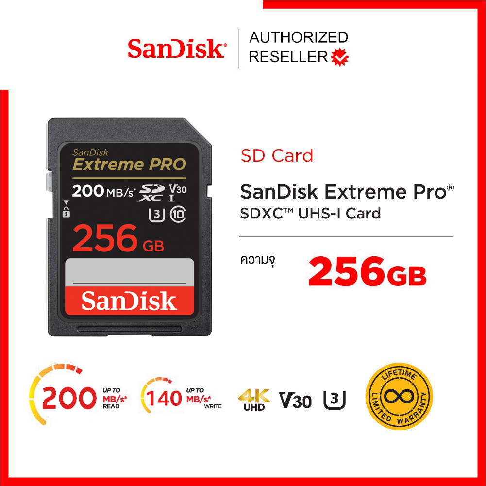 SanDisk Ultra SD Card ClassU3 256GB Speed 200MB/s / 140MB/s R/W (SDSDXXD-256G-GN4IN) SDXC เมมโมรี่การ์ด สำหรับ SDCARD กล้องมิลเลอร์เลส DSLR Mirrorless ประกันตลอดอายุการใช้งาน
