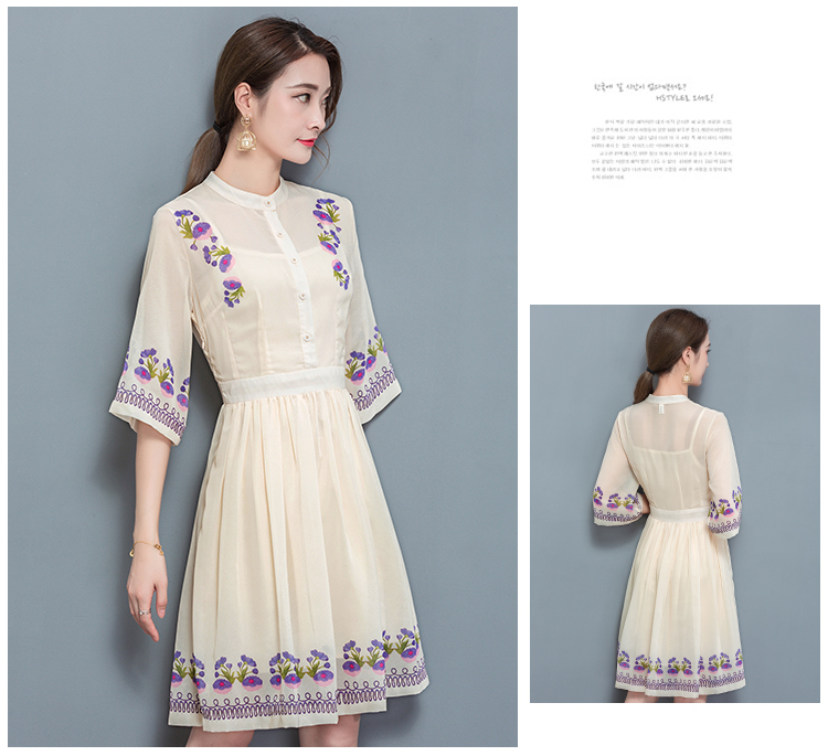 ชุดเดรสสีครีม ผ้าชีฟองเนื้อดี พิมพ์ลายดอกไม้โทนสีม่วงและชมพู ส่งฟรี ems