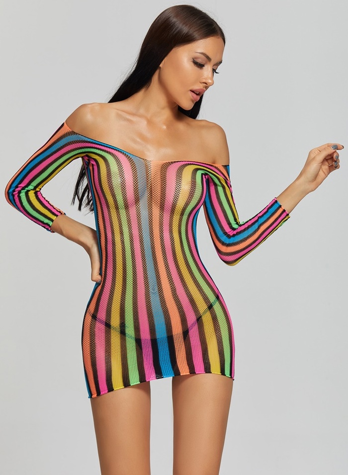 K173 ชุดตาข่ายสายรุ้งเซ็กซี่ ชุดตาข่ายสีสายรุ้งมาในแบบเดรสแขนยาวกระโปรงสั้น สวมใส่แบบปาดไหล่หรือจะใส่แบบเสื้อคอกว้างก็ได้ค่ะ