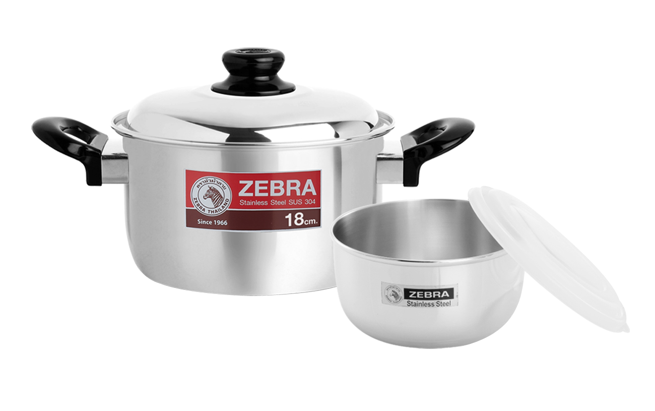 Zebra หม้อหุงต้ม Merry 18 ซม. แถมกล่องถนอมอาหาร 14 ซม. ตราหัวม้าลาย