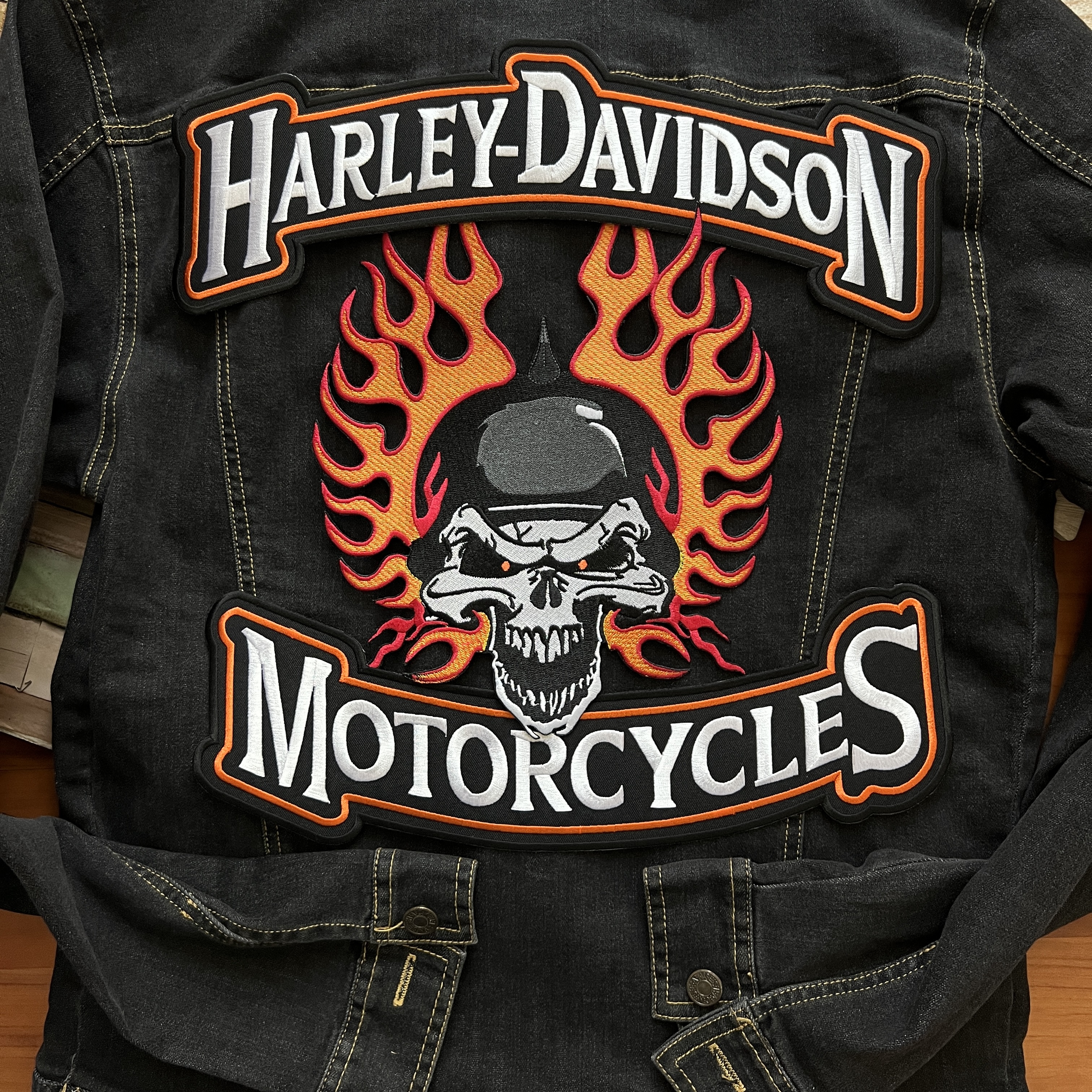 เซท2ชิ้น บน ล่าง Harley Motorcycle ไบค์เกอร์ ตัวรีดติดเสื้อ อาร์มรีด อาร์มปัก ตกแต่งเสื้อผ้า หมวก กระเป๋า แจ๊คเก็ตยีนส์ Embroidered Iron on Patch ขนาดใหญ่