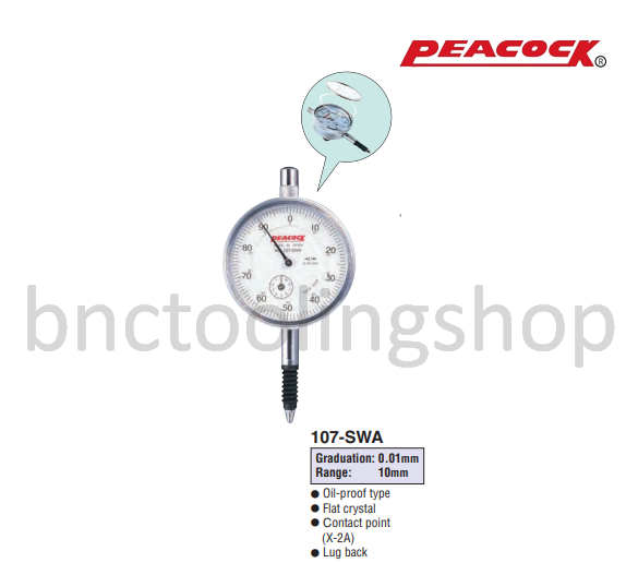 ไดอัลเกจขนาด 10มิล ความละเอียด 0.01มิล,Standard Dial Gauges Range 10mm Graduation 0.01mm,Peacock,107-SWA