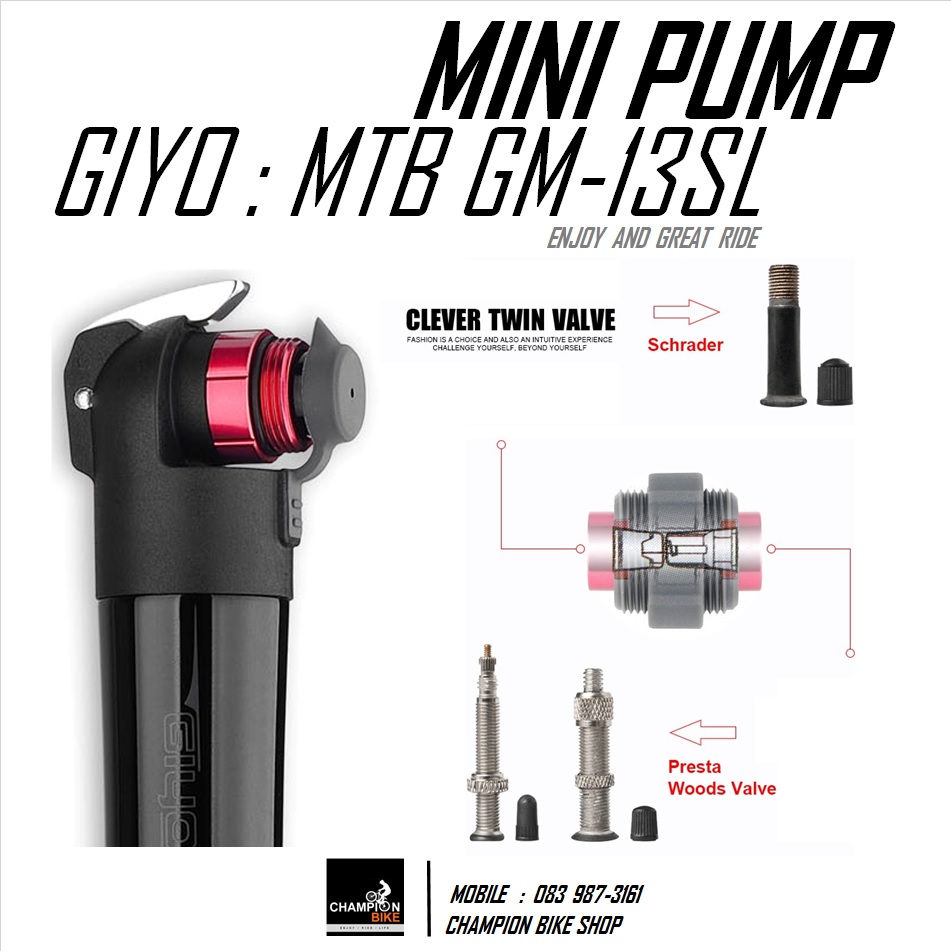 สูบมือ สูบลมจักรยาน GIYO : GM-13SL MTB CNC BIKE MINI PUMP W/CLEVER TWIM-VALVE