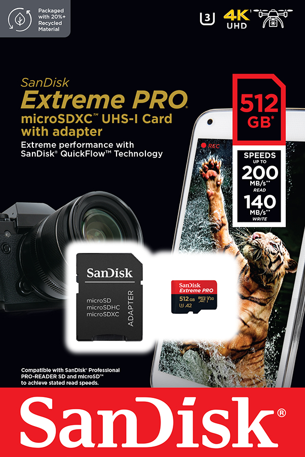 SanDisk ExtremePro microSDXC Card V30 U3 512TB 200MB/s R, 140MB/s W (SDSQXCD-512G-GN6MA) Mobile Gaming ,Nintendo ,GoPro ประกัน Synnex ตลอดอายุการใช้งาน