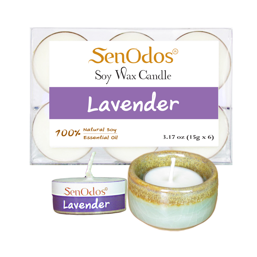 SenOdos เทียนหอม อโรม่า เทียนทีไลท์ Tealight Set Lavender Soy Candles - กลิ่นลาเวนเดอร์แท้ 15 g. (6 ชิ้น) + เชิงเทียน ที่วางเทียนทีไลท์ ศิลาดล (เซลาดล) สีเขียวหยกขอบทอง