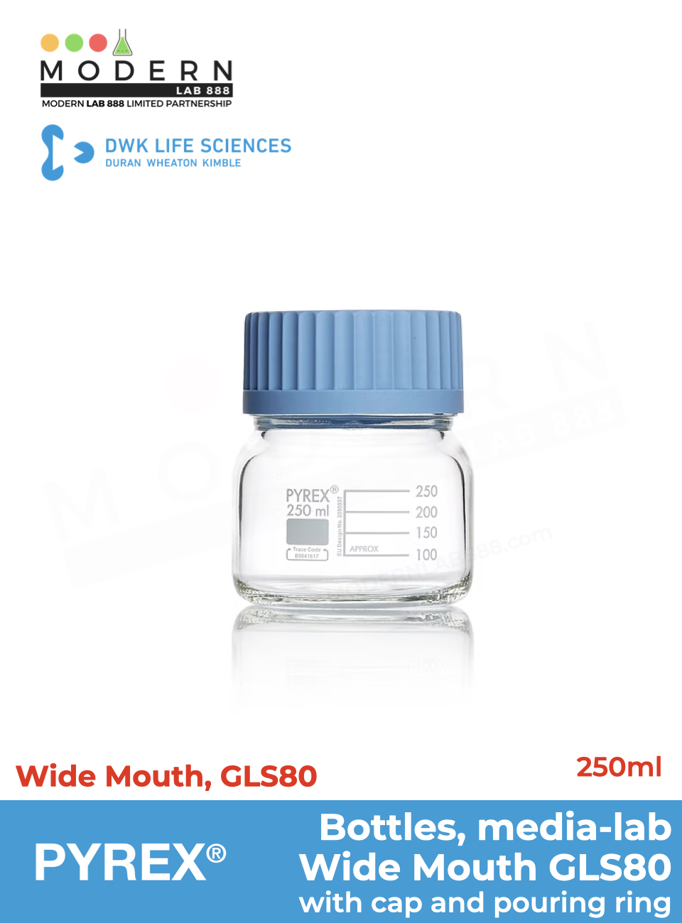 ขวดมีเดียปากกว้าง GLS80 / Bottles, media-lab, Wide Mouth with cap and pouring ring, PYREX