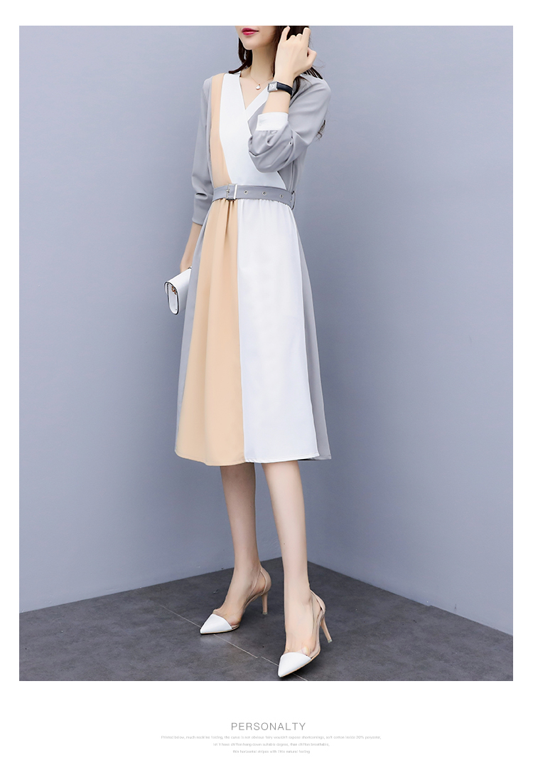 ชุดเดรสใส่ทำงาน ผ้าโพลีเอสเตอร์ผสมสีเทาแขนยาว ส่งฟรี ems