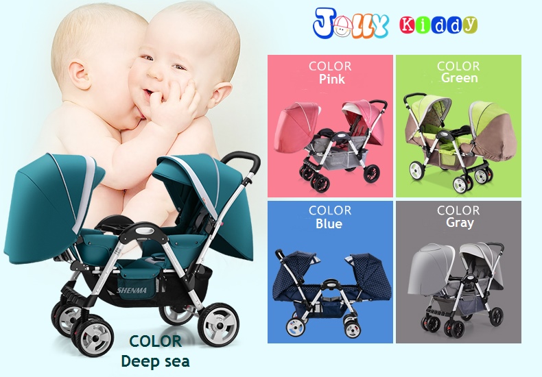 C10193 รถเข็นเด็กแฝดMshenma P-758สีฟ้า ดีไซน์ทันสมัยแบบหันหน้าเข้า