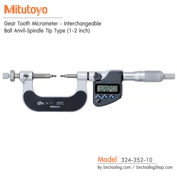 Mitutoyo,Gear Tooth Micrometer - Interchangeable Ball Anvil-Spindle Tip Type (1-2inch),324-352-10