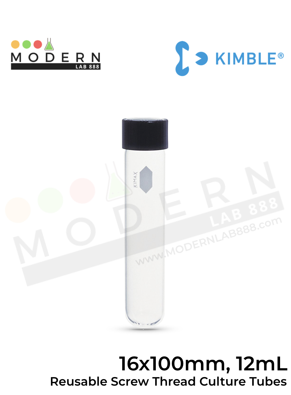 16 x 100mm, 12mL หลอดทดลองแบบหนาใช้ซ้ำได้พร้อมฝาเกลียว / Reusable Screw Thread Culture Tubes with Unattached Caps and Rubber Liners