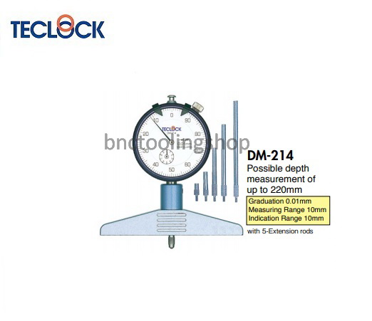 เกจวัดความลึกขนาด 10มิล ความละเอียด 0.01มิล,Dial Depth Gauge Range 10mm Graduation 0.01mm,TECLOCK,DM-214