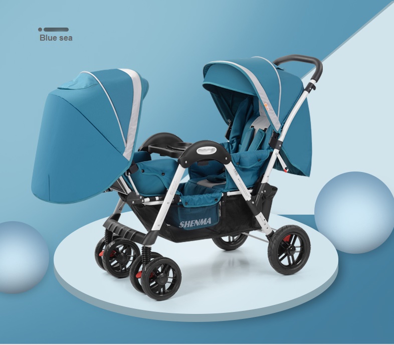 C10193 รถเข็นเด็กแฝดMshenma P-758สีฟ้า ดีไซน์ทันสมัยแบบหันหน้าเข้า