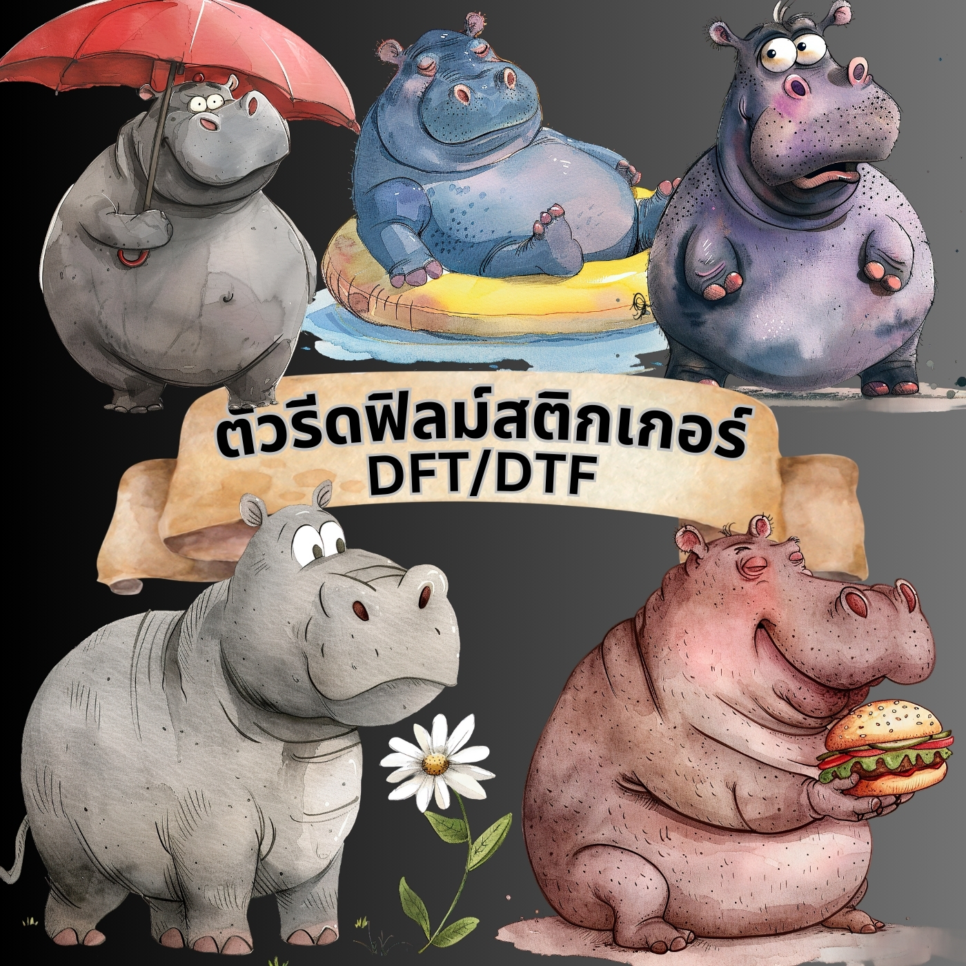 ตัวรีดติดเสื้อ ฮิปโป น่ารัก ฟิลม์รีดร้อน พิมพ์ลาย สกรีนลาย ฟิลม์ DFT DTF