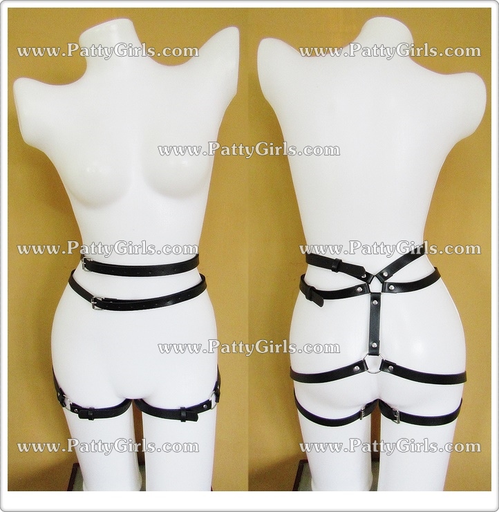 A058 สายหนังตกแต่งร่างกาย สายหนังประดับร่างกายช่วงล่างสไตล์SM มาในแบบเข็มขัดเส้นคู่2เส้นรัดช่วงเอว ด้านหลังแต่งสายโยงไปรัดกับช่วงต้นขาตามรูปถ่ายสินค้าจริงเลยค่ะ