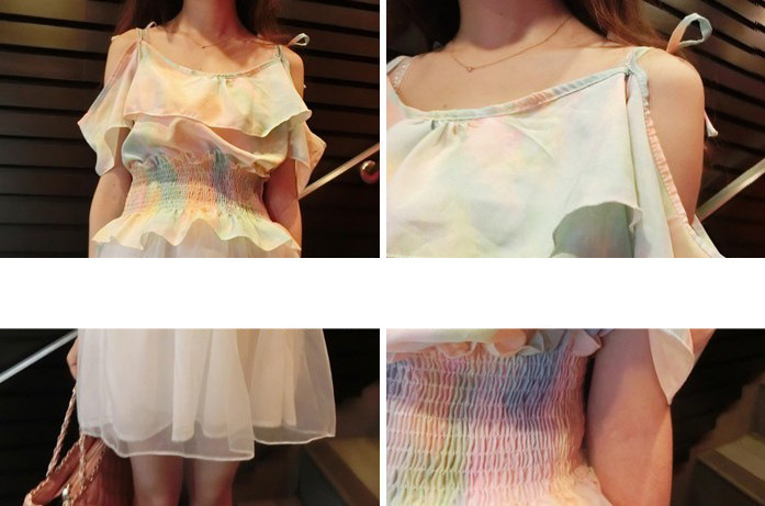 เสื้อผ้าชีฟองเนื้อดี สีลูกกวาด ไหล่สายเดี่ยวแบบผูก ส่งฟรี ems