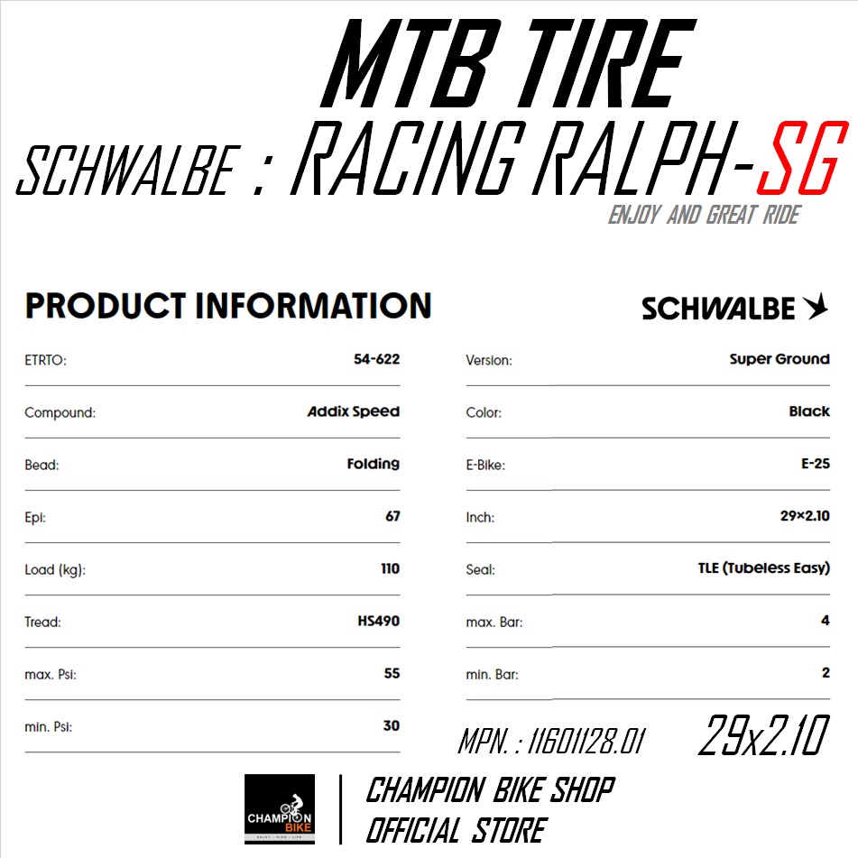 ยางเสือภูเขา29 ยางอีไบค์29 SCHWALBE : RACING RALPH-SUPER GROUND TLE 29x2.10 / 29x2.25 TUBELESS MTB TIRE / E-BIKE TIRE ขอบพับ