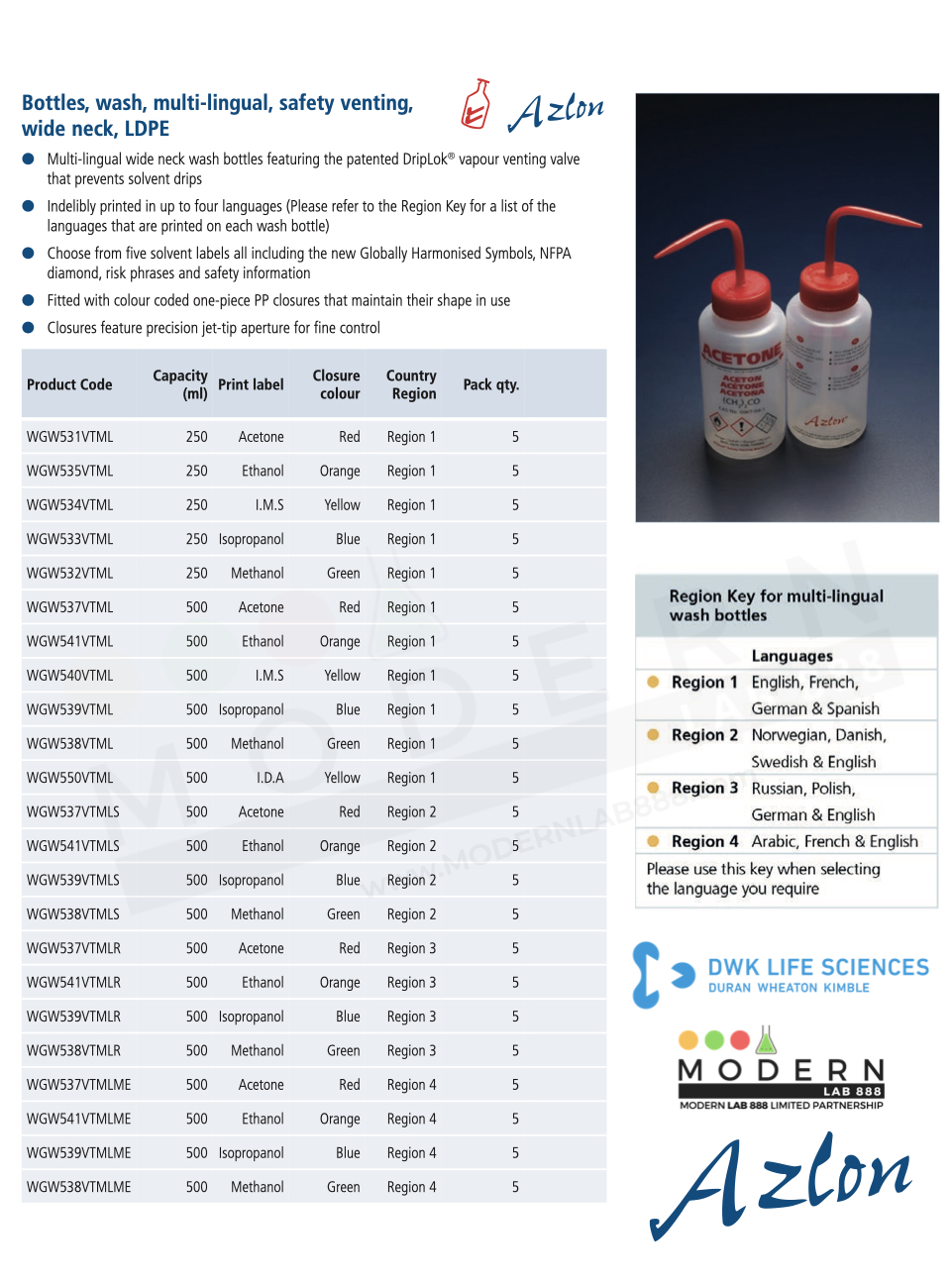 ขวดฉีดล้างพลาสติก METHANOL / AZLON® Wash Bottle, safety venting LDPE, "METHANOL"