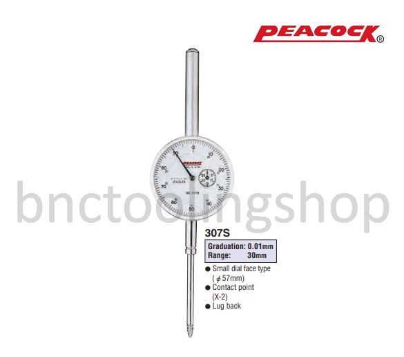 ไดอัลเกจขนาด 30มิล ความละเอียด 0.01มิล,Long Travel Dial Gauges Range 30mm Graduation 0.01mm,Peacock,307S